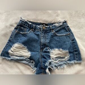 MISSGUIDED WOMEN'S HIGH WAIST RIPPED SHORTS RICH VINTAGE FRINGE HEM SIZE US 2 34